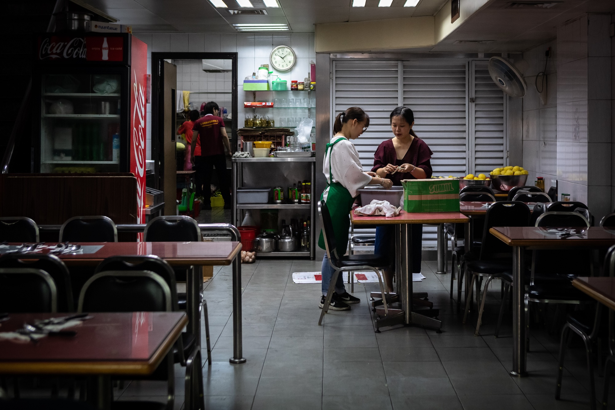 Staff prepare ingredients for the final dinner service