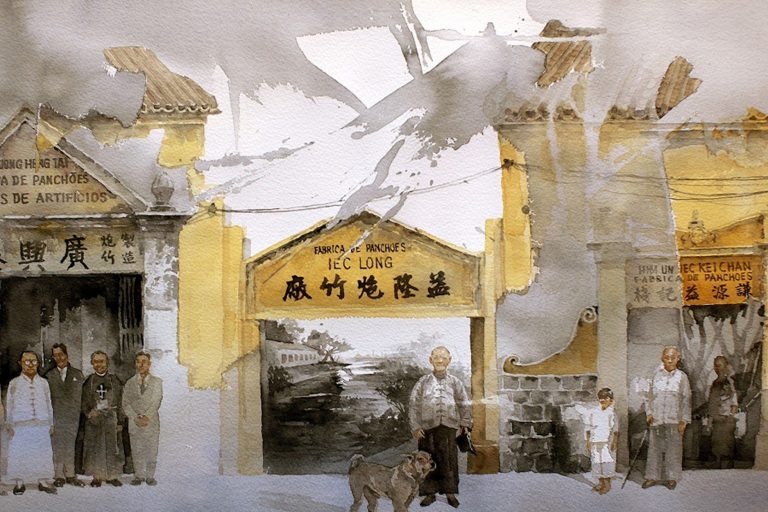 A painting of the Iec Long firecracker factory