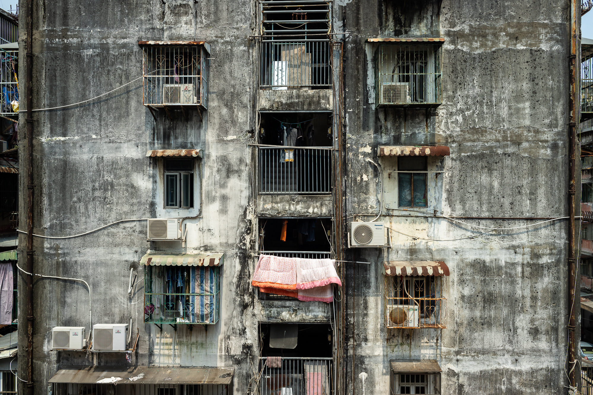 Details of the façade at the Iao Hon tenement building in northern Macao